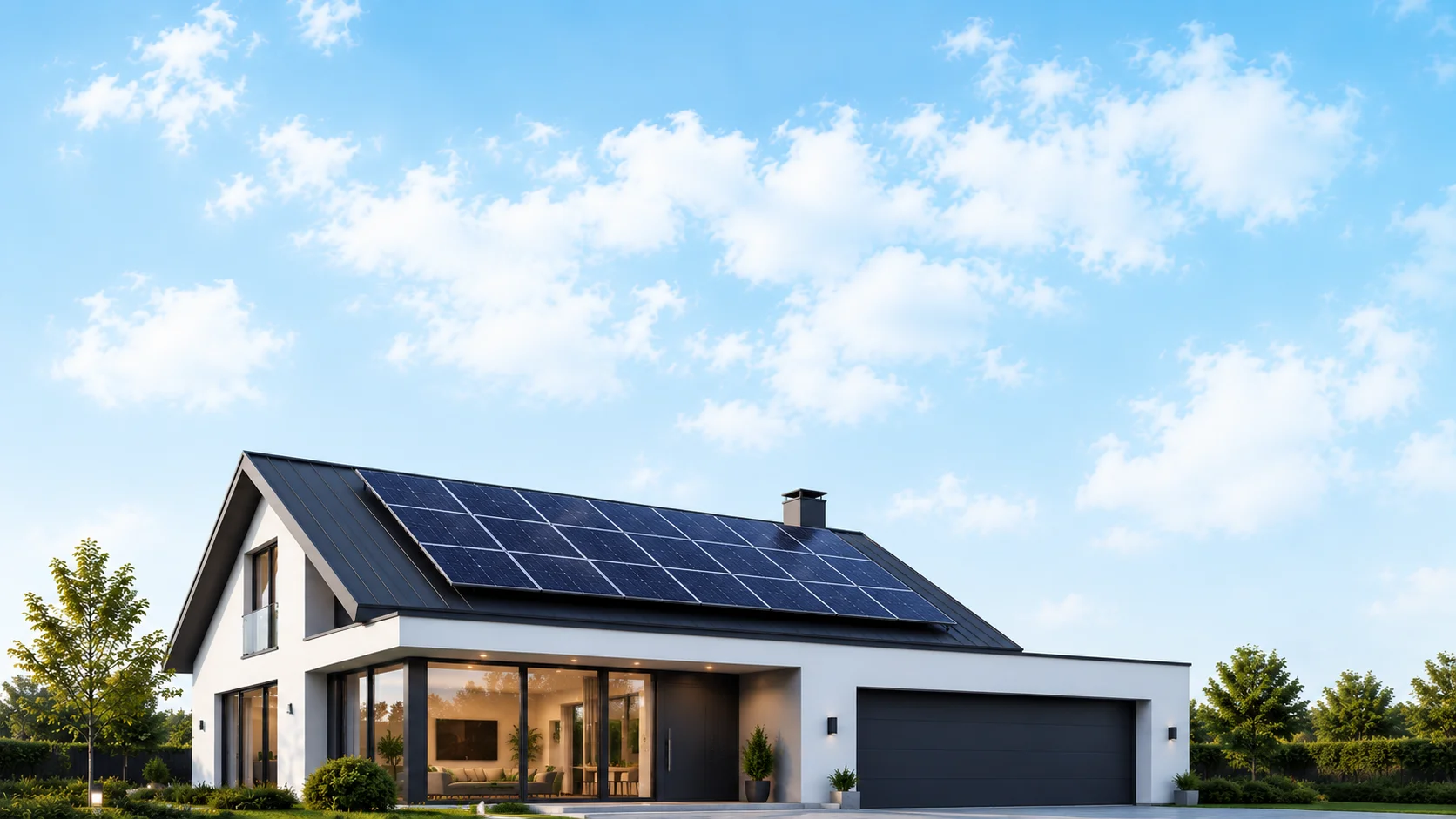 Modernes Einfamilienhaus mit Photovoltaik-Solaranlage auf dem Dach, installiert von Grammer Solor